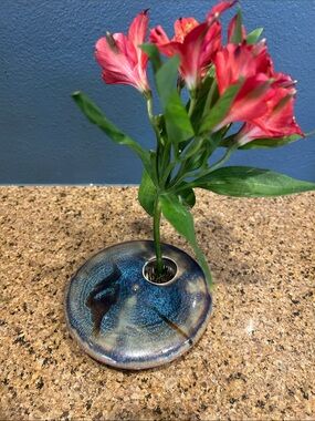 Handcrafted Blue Ceramic Flower Frog Vase Accent Ikebana